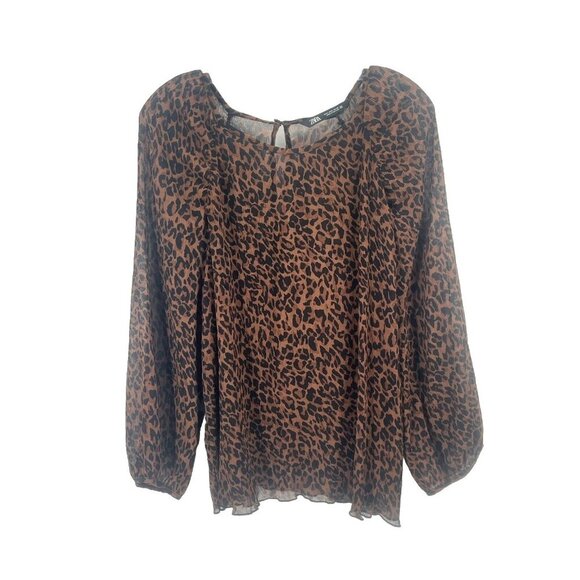 Zara Sheer Animal Print Blouse Sz Large Long Skeeve - Picture 1 of 5